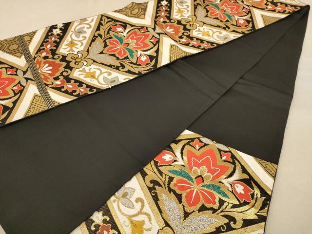 平和屋着物◎六通柄袋帯 更紗花文 黒地 金銀糸 正絹 逸品 AAAZ5823dt