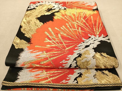 平和屋着物◎六通柄袋帯 唐織 枝松文 黒地 金銀糸 正絹 逸品 AAAZ5836dt