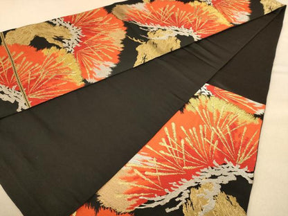平和屋着物◎六通柄袋帯 唐織 枝松文 黒地 金銀糸 正絹 逸品 AAAZ5836dt