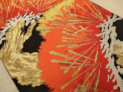 平和屋着物◎六通柄袋帯 唐織 枝松文 黒地 金銀糸 正絹 逸品 AAAZ5836dt