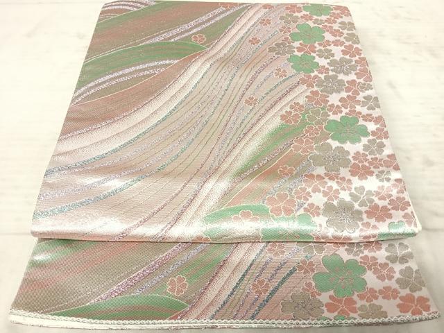平和屋着物◎六通柄袋帯 流水花文 銀糸 正絹 逸品 AAAZ5865yx