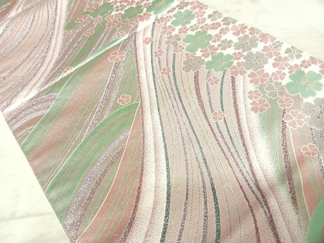 平和屋着物◎六通柄袋帯 流水花文 銀糸 正絹 逸品 AAAZ5865yx