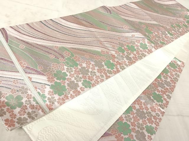 平和屋着物◎六通柄袋帯 流水花文 銀糸 正絹 逸品 AAAZ5865yx