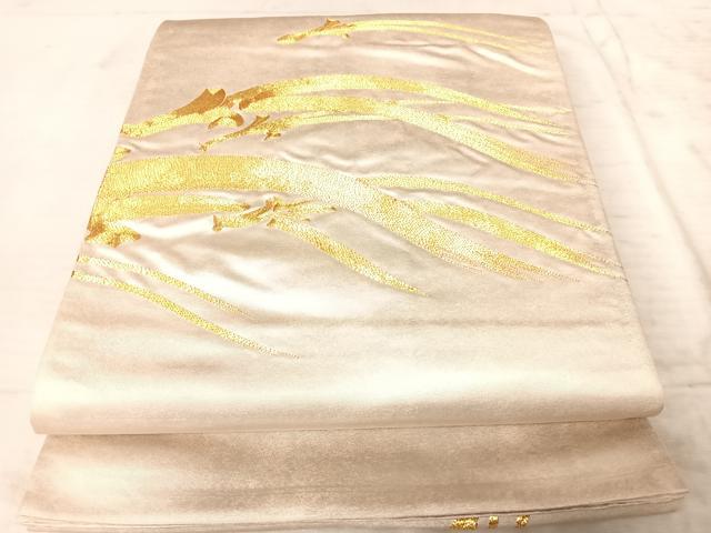 平和屋着物◎太鼓柄袋帯 駒刺繍 舞葉文 金糸 正絹 逸品 AAAZ5884yx
