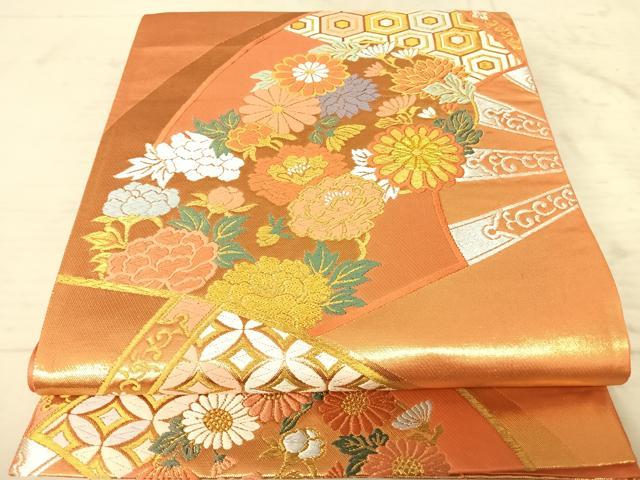平和屋着物◎六通柄袋帯　唐織　扇面花文　金糸　正絹　逸品　AAAZ5888yx