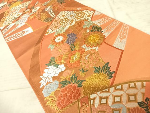 平和屋着物◎六通柄袋帯　唐織　扇面花文　金糸　正絹　逸品　AAAZ5888yx