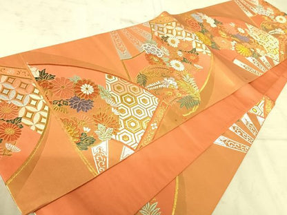 平和屋着物◎六通柄袋帯　唐織　扇面花文　金糸　正絹　逸品　AAAZ5888yx