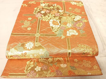 平和屋着物◎六通柄袋帯 格子花文 金糸 正絹 逸品 AAAZ5889yx
