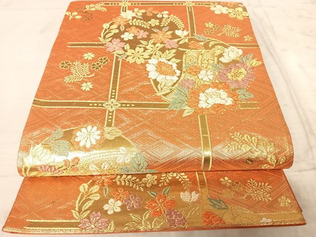 平和屋着物◎六通柄袋帯 格子花文 金糸 正絹 逸品 AAAZ5889yx