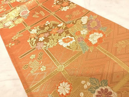 平和屋着物◎六通柄袋帯 格子花文 金糸 正絹 逸品 AAAZ5889yx