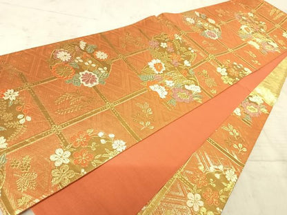 平和屋着物◎六通柄袋帯 格子花文 金糸 正絹 逸品 AAAZ5889yx