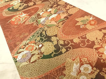 平和屋着物◎六通柄袋帯 唐織 流水花文 金糸 正絹 逸品 AAAZ5890yx