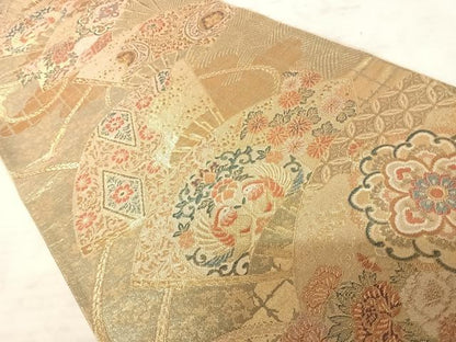 平和屋着物◎佐賀錦 六通柄袋帯 扇面花鳥文 金糸 正絹 逸品 AAAZ5904yx