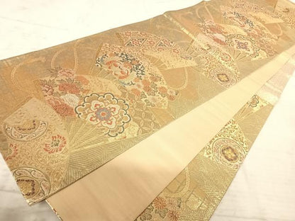 平和屋着物◎佐賀錦 六通柄袋帯 扇面花鳥文 金糸 正絹 逸品 AAAZ5904yx