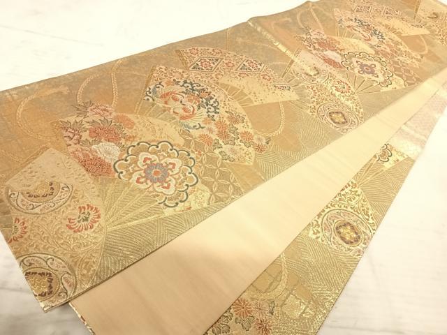 平和屋着物◎佐賀錦 六通柄袋帯 扇面花鳥文 金糸 正絹 逸品 AAAZ5904yx