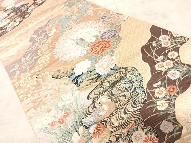 平和屋着物◎六通柄袋帯 唐織 孔雀花文 金糸 正絹 逸品 AAAZ5924yx