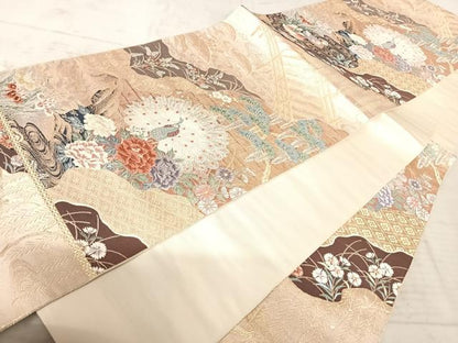 平和屋着物◎六通柄袋帯 唐織 孔雀花文 金糸 正絹 逸品 AAAZ5924yx