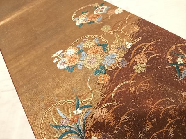 平和屋着物◎六通柄袋帯 唐織 雪輪露芝文 金糸 引箔 正絹 逸品 AAAZ5940yx