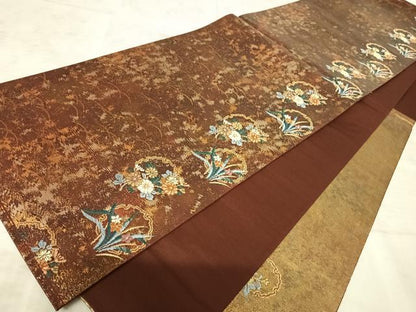 平和屋着物◎六通柄袋帯 唐織 雪輪露芝文 金糸 引箔 正絹 逸品 AAAZ5940yx