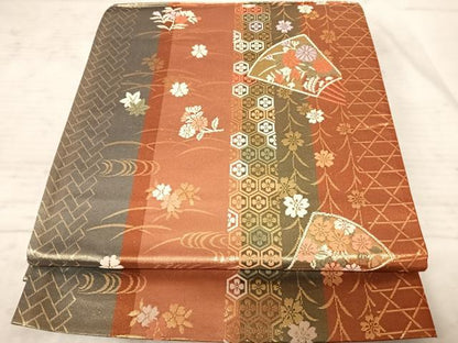 平和屋着物◎全通柄袋帯 唐織 扇面花文 金糸 正絹 逸品 AAAZ5944yx