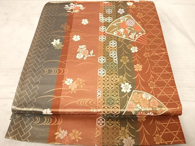 平和屋着物◎全通柄袋帯 唐織 扇面花文 金糸 正絹 逸品 AAAZ5944yx