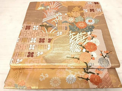 平和屋着物◎六通柄袋帯　唐織　草花文　金糸　正絹　逸品　AAAZ5947yx