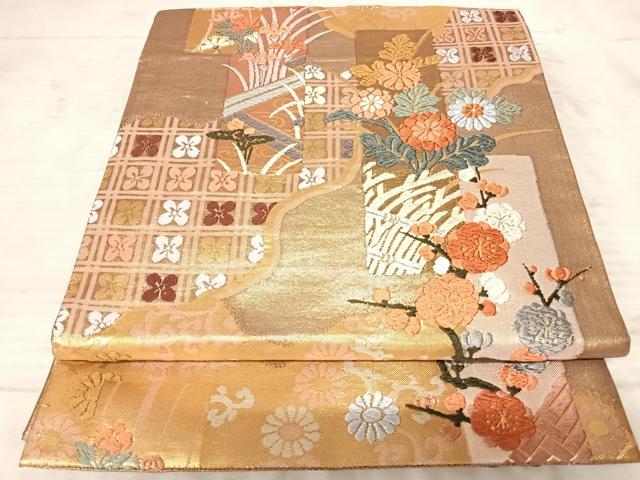 平和屋着物◎六通柄袋帯　唐織　草花文　金糸　正絹　逸品　AAAZ5947yx