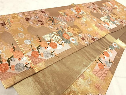 平和屋着物◎六通柄袋帯　唐織　草花文　金糸　正絹　逸品　AAAZ5947yx