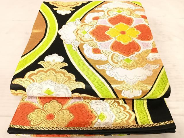 平和屋着物◎六通柄袋帯 唐織 立涌花文 黒地 金銀糸 正絹 逸品 AAAZ5962yx