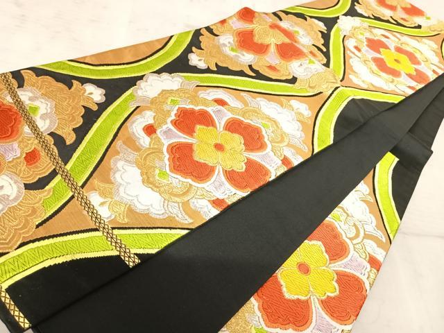 平和屋着物◎六通柄袋帯 唐織 立涌花文 黒地 金銀糸 正絹 逸品 AAAZ5962yx