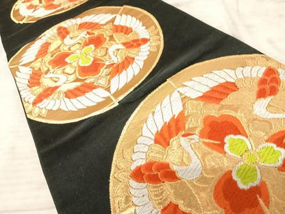 平和屋着物◎六通柄袋帯 唐織 飛鶴花文 黒地 金糸 正絹 逸品 AAAZ5967yx