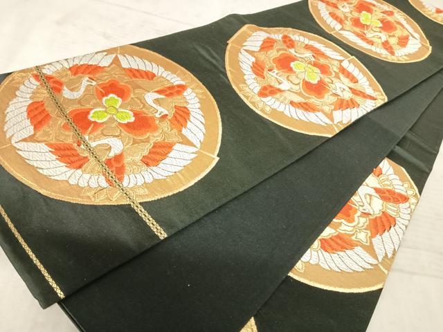 平和屋着物◎六通柄袋帯 唐織 飛鶴花文 黒地 金糸 正絹 逸品 AAAZ5967yx