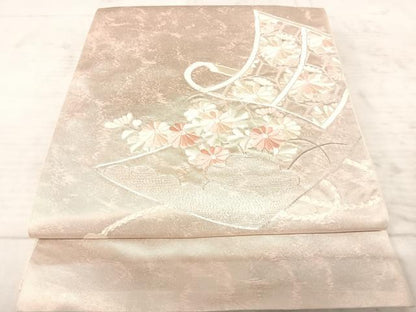平和屋着物◎太鼓柄袋帯　駒刺繍　絵巻花文　銀糸　正絹　逸品　AAAZ5968yx