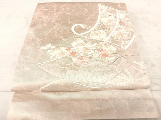 平和屋着物◎太鼓柄袋帯　駒刺繍　絵巻花文　銀糸　正絹　逸品　AAAZ5968yx
