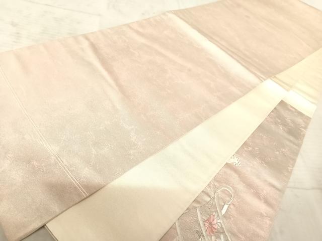 平和屋着物◎太鼓柄袋帯　駒刺繍　絵巻花文　銀糸　正絹　逸品　AAAZ5968yx