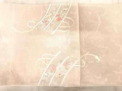 平和屋着物◎太鼓柄袋帯　駒刺繍　絵巻花文　銀糸　正絹　逸品　AAAZ5968yx