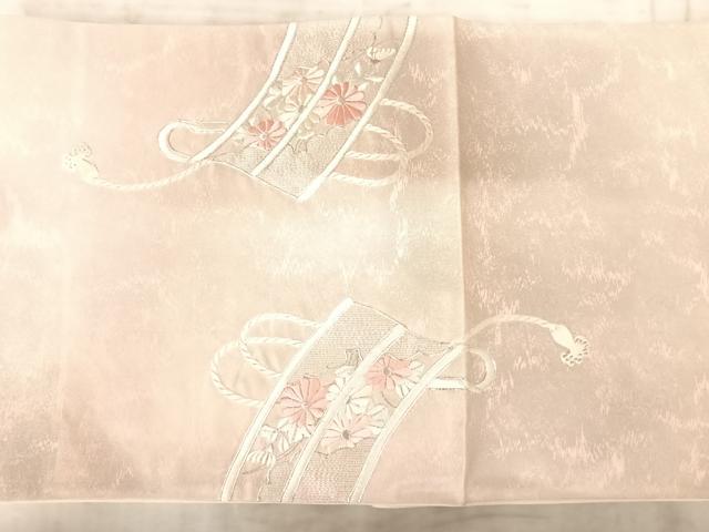 平和屋着物◎太鼓柄袋帯　駒刺繍　絵巻花文　銀糸　正絹　逸品　AAAZ5968yx