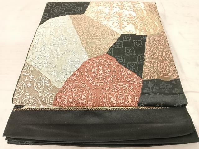 平和屋着物◎六通柄袋帯 切嵌花文 黒地 金銀糸 正絹 逸品 AAAZ5979yx