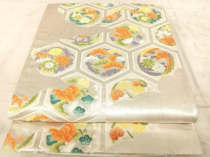 平和屋着物◎六通柄袋帯　唐織　亀甲花鳥文　金銀糸　正絹　逸品　AAAZ5981yx