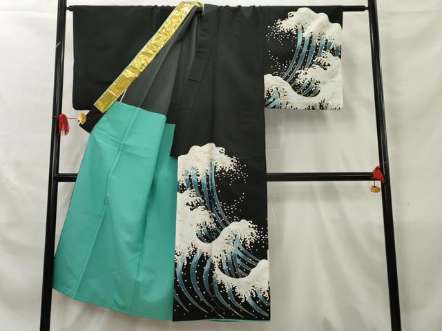 平和屋着物●男性　訪問着　立波文　黒地　金彩　胴抜き仕立て　洗える着物　AAAZ6052cs