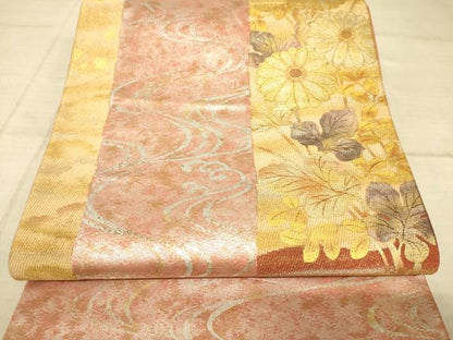 平和屋着物◎太鼓柄袋帯 流水菊文 金彩 正絹 逸品 AAAZ6234cs