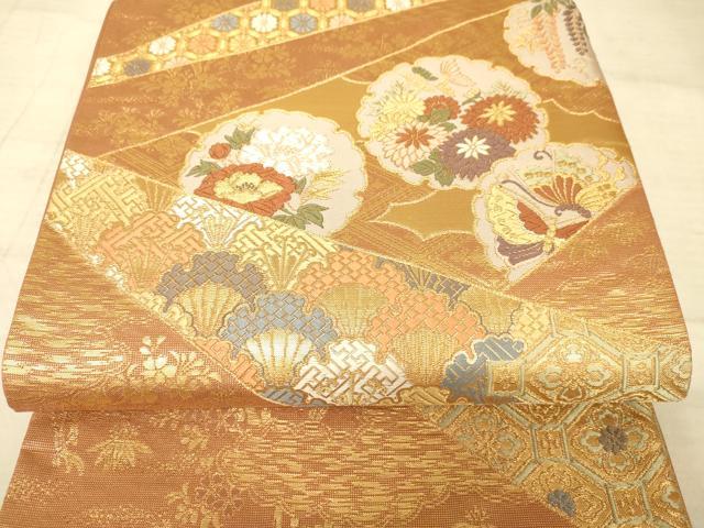 平和屋着物◎六通柄袋帯　雪輪花文　金糸　正絹　逸品　AAAZ6243cs