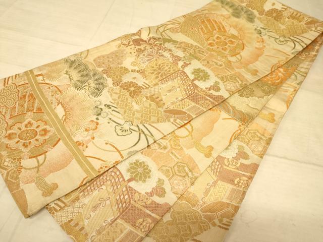 平和屋着物◎アンティーク　両面全通京袋帯　吉祥花文　正絹　逸品　AAAZ6266cs