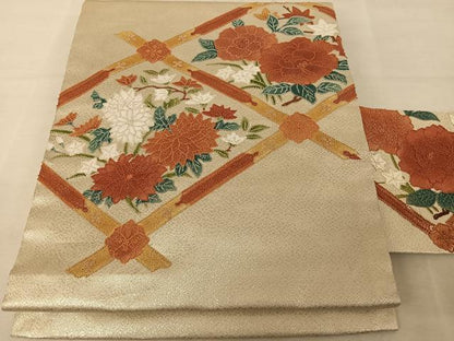 平和屋着物◎中国三大刺繍　相良刺繍　九寸名古屋帯　天井花文　銀糸　正絹　逸品　AAAZ6383mw
