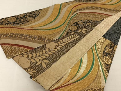 平和屋着物◎両面六通柄袋帯　吉祥花文　金糸　正絹　逸品　AAAZ6397mw