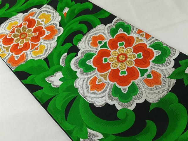 平和屋着物◎六通柄袋帯 唐織 花唐草文 黒地 正絹 逸品 AAAZ6424mw