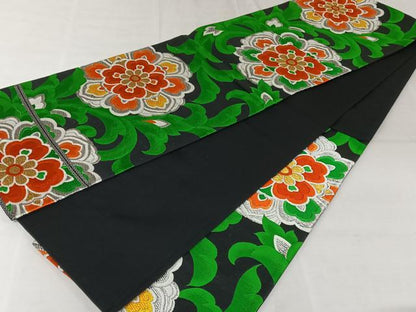 平和屋着物◎六通柄袋帯 唐織 花唐草文 黒地 正絹 逸品 AAAZ6424mw