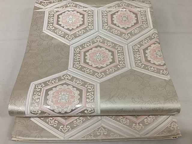 平和屋着物◎六通柄袋帯　唐織　亀甲花文　銀糸　正絹　逸品　AAAZ6425mw