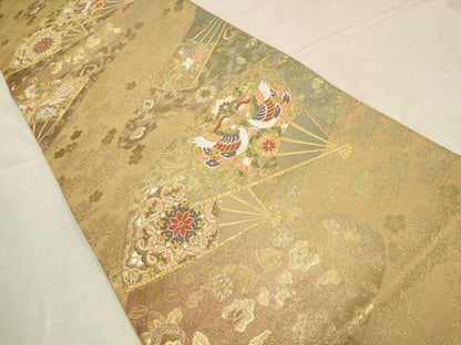 平和屋着物▼六通柄袋帯 唐織 流水取扇面散し 金糸 正絹 逸品 AAAZ6597wj