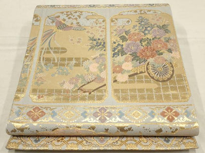 平和屋着物▼六通柄袋帯 御所車花鳥文 金糸 正絹 逸品 AAAZ6600wj